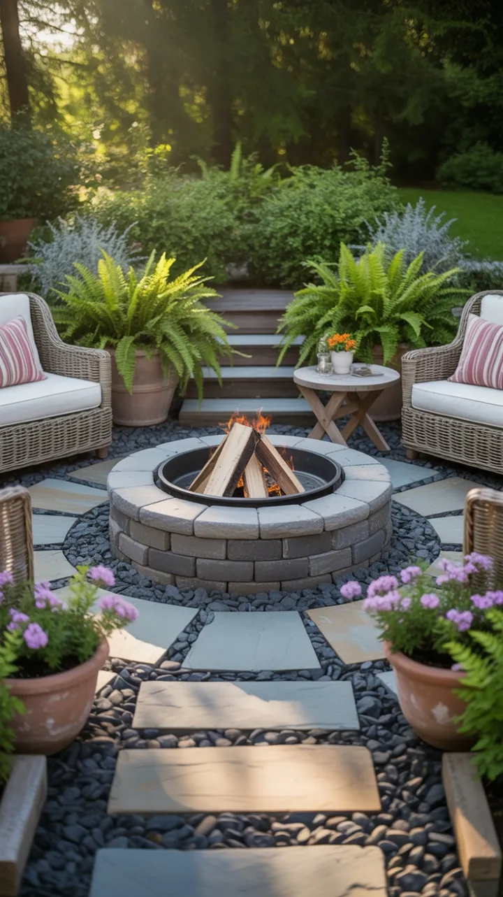 Sunlit Stone Fire Pit Retreat