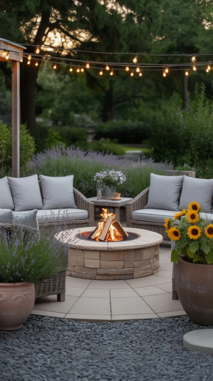 Sunlit Stone Fire Pit Retreat with Lavender and Sunflowers