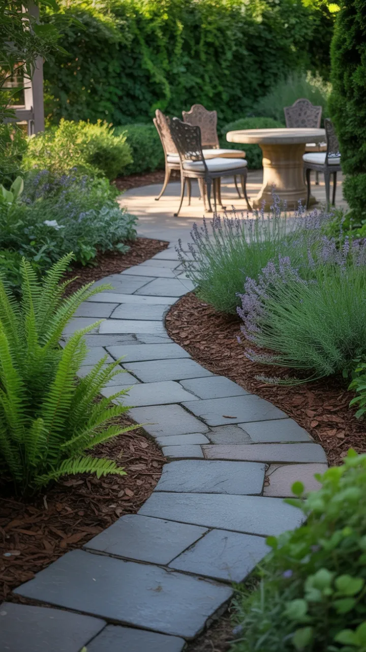 Sunlit Stone Path Through Lavender and Ferns