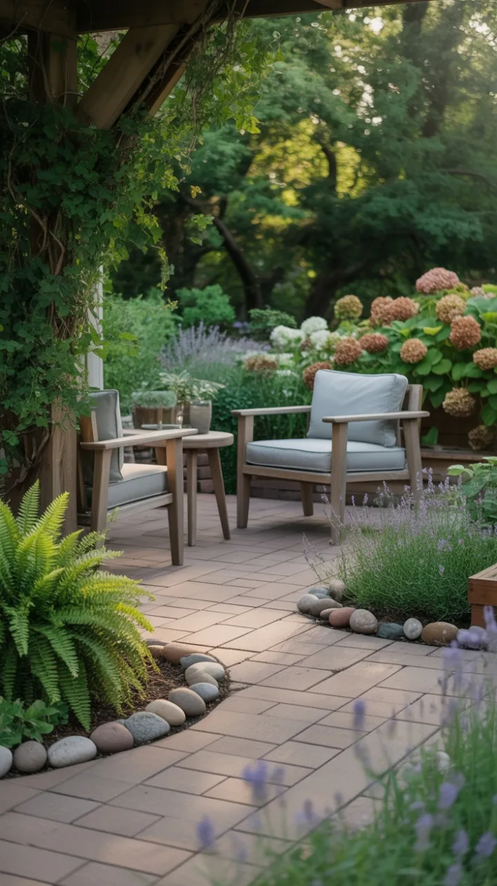 Sunlit Garden Patio with Weathered Wood, Lavender and Hydrangea