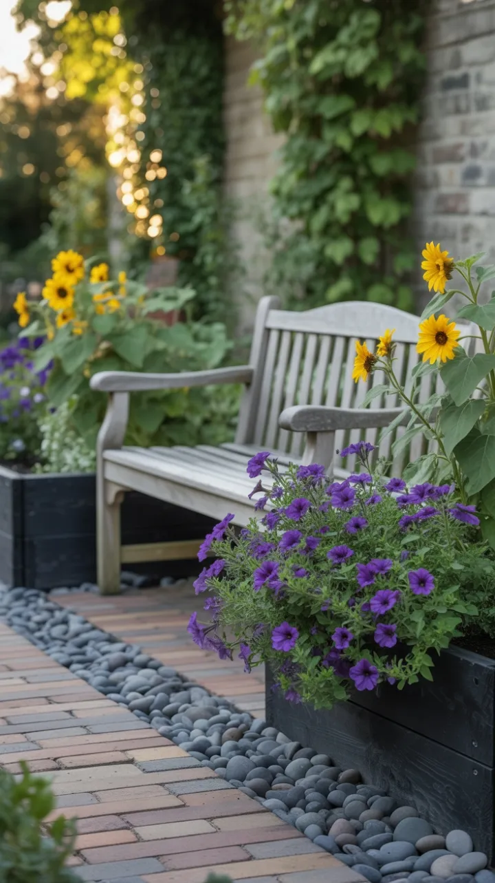 Sunlit Patio Sanctuary with Bursting Petunias and Sunflowers