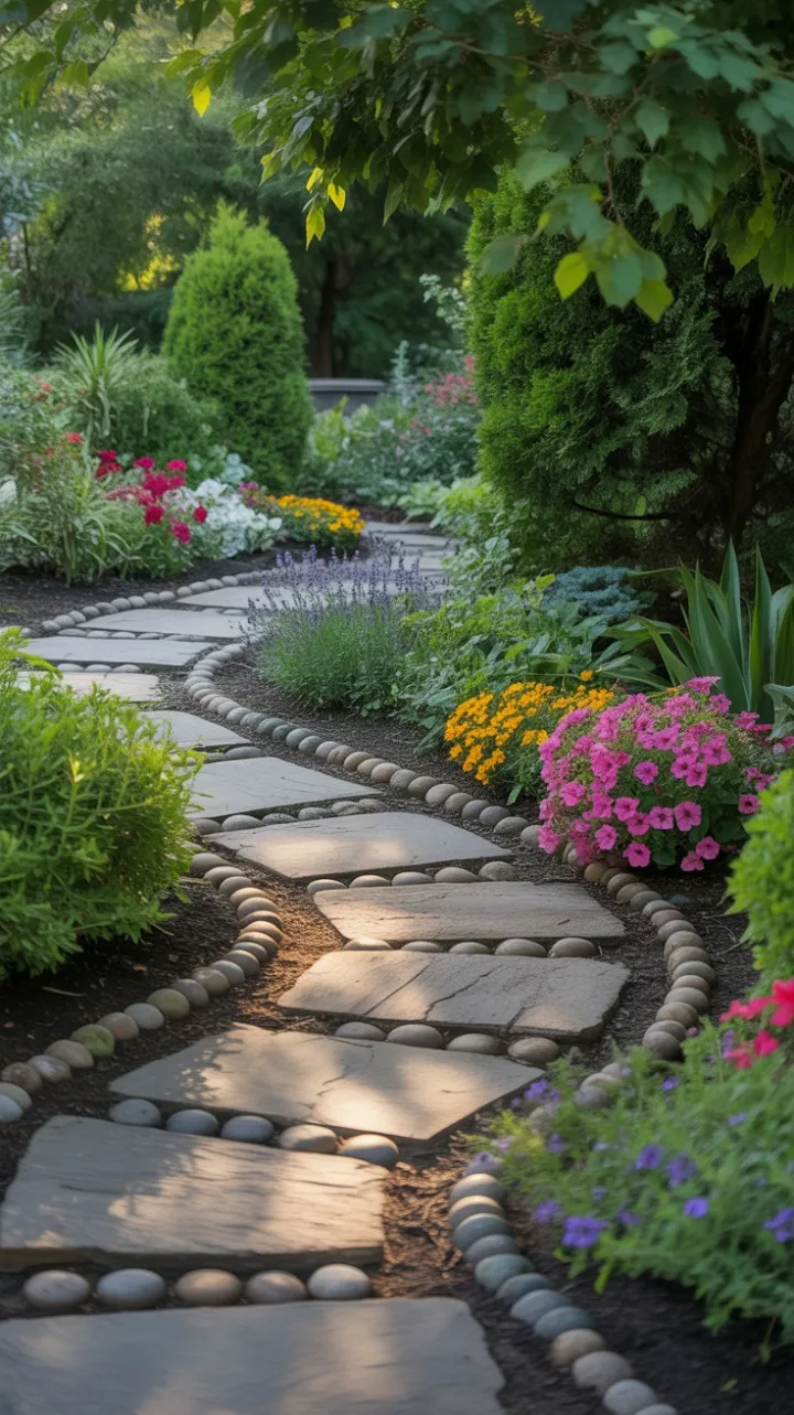 Dappled Sunlight on a Winding Stone Garden Path