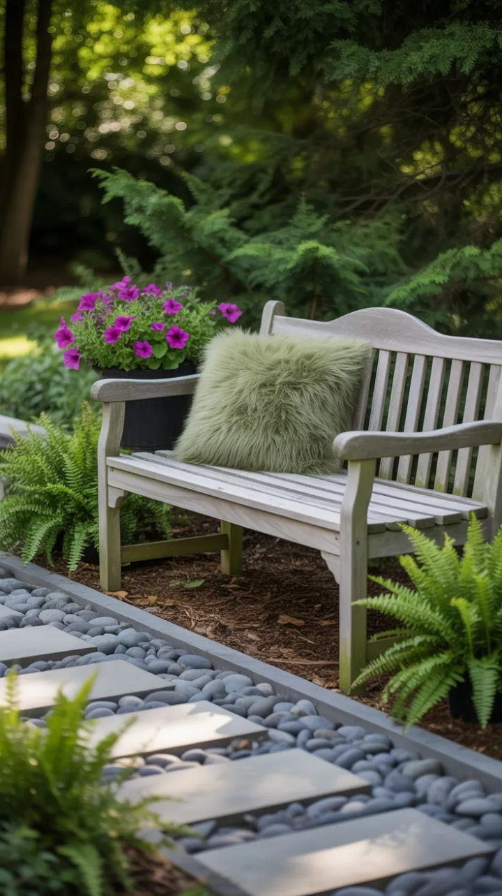 Sunlit Garden Sanctuary with Weathered Bench and Blooming Petunias
