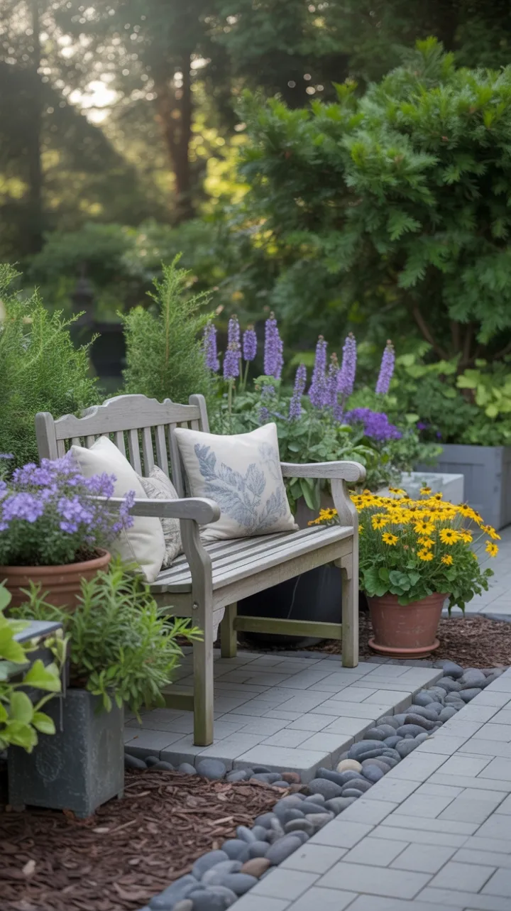 Tranquil Sunlit Patio Retreat Amid Lush Purple and Yellow Blooms