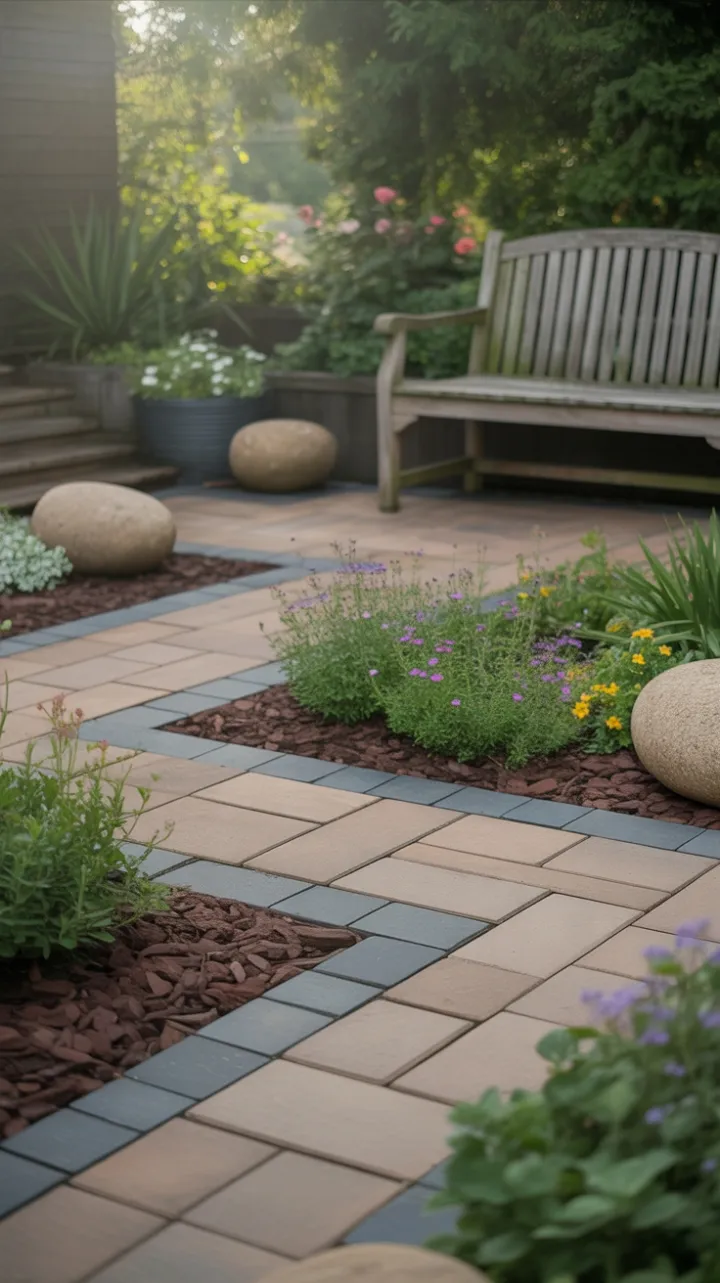Sunlit Garden Haven with Geometric Gray Pavers