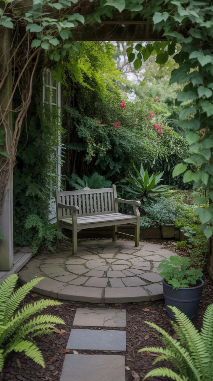 Hidden Stone Patio Bathed in Dappled Sunlight