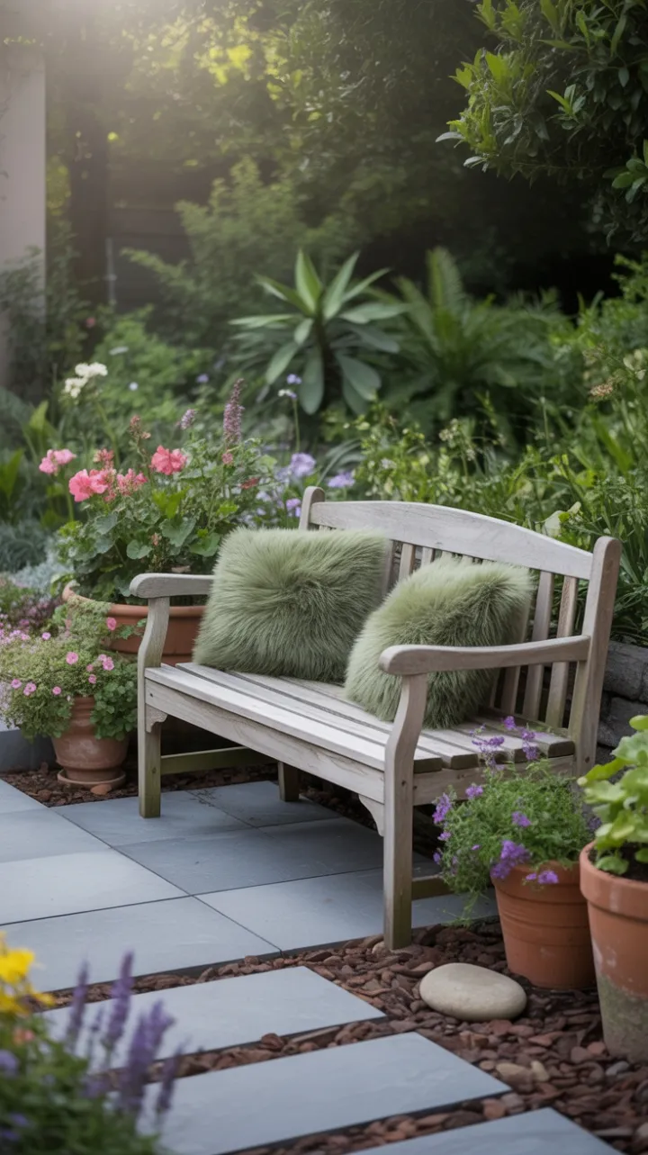 Sunlit Garden Nook with Moss-Green Bench and Blooming Pots