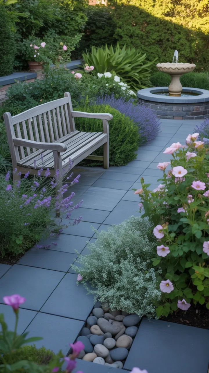 Sunlit Garden Oasis with Weathered Bench, Lavender, and Tranquil Fountain