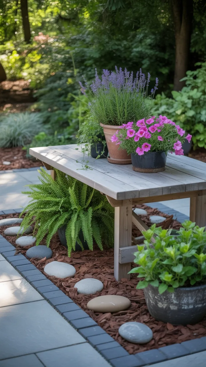 Sun-Dappled Rustic Patio Retreat with Lavender, Fernstone, and Petunia Pop