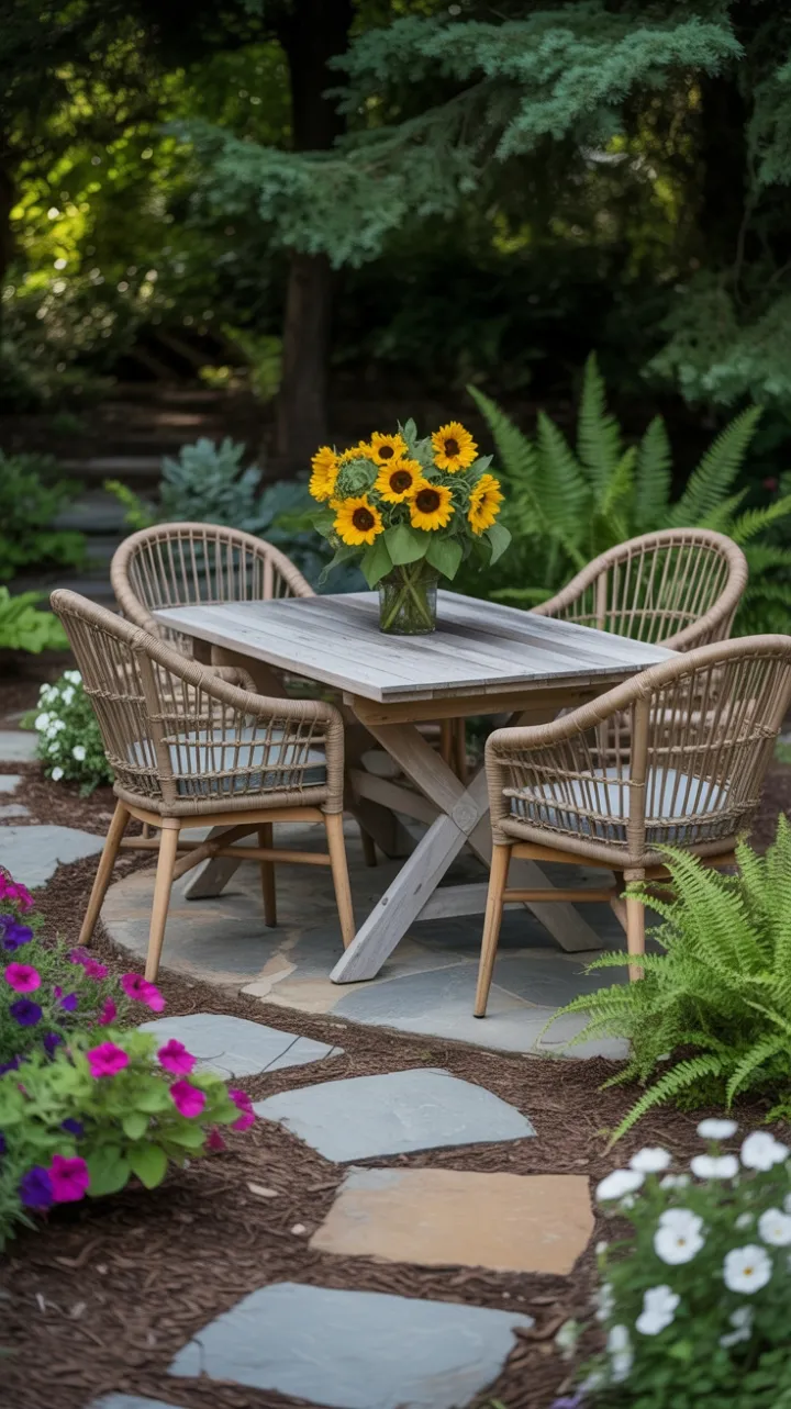 Sunlit Garden Patio with Weathered Table and Sunflowers