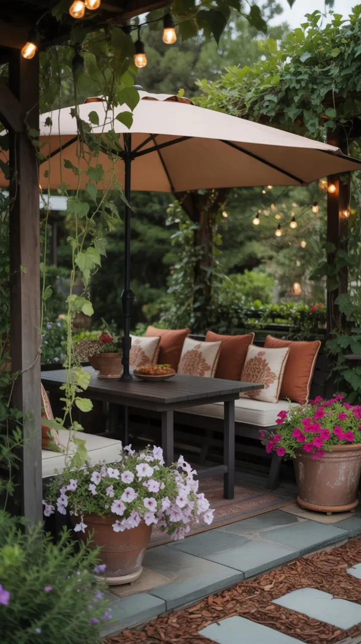 Terracotta-Soft Garden Patio Bathed in Warm String-Light Glow