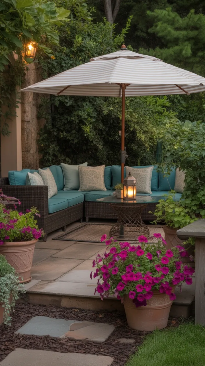 Cozy Evening Garden Retreat with Teal Cushions and Blooming Petunias