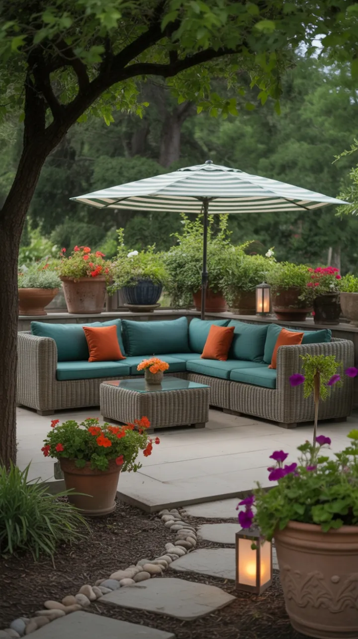 Lush Garden Oasis with Teal Comfort and Warm Lantern Glow