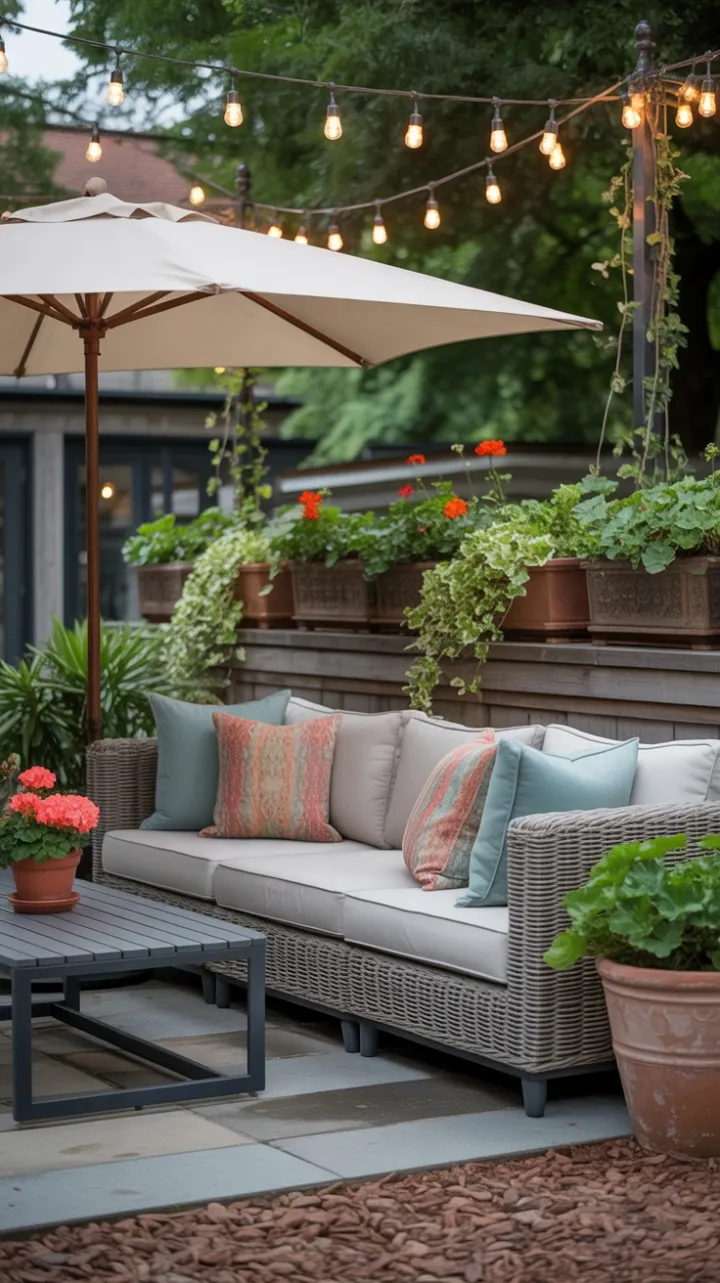 Cozy Garden Patio with Woven Sectional and Glowing String Lights