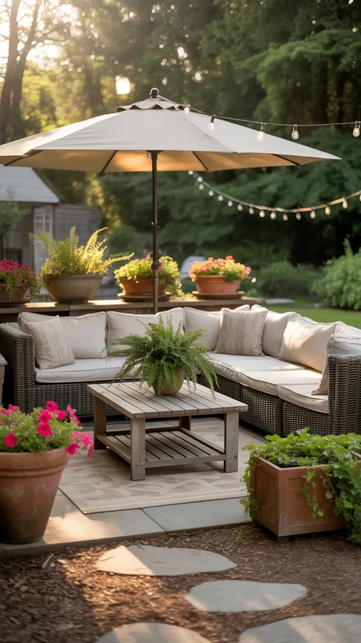 Sunlit Wicker Sanctuary Among Petunias and Twinkle Lights