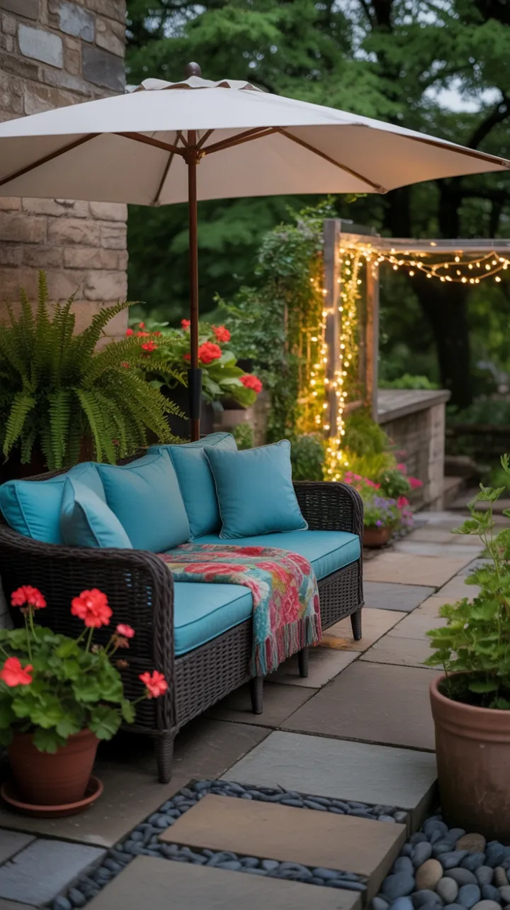 Twilight Terrace with Wicker Sofa, Turquoise Cushions and Fairy Light Glow