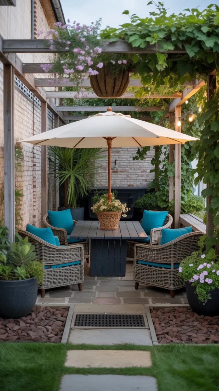 Serene Garden Patio with Teal Cushions and Twinkling Lights