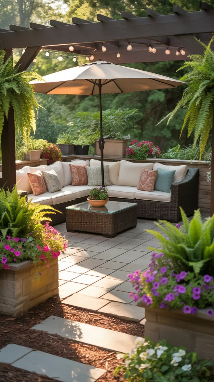 Sunlit Garden Retreat with Cozy Wicker Sectional and Blooming Petunias