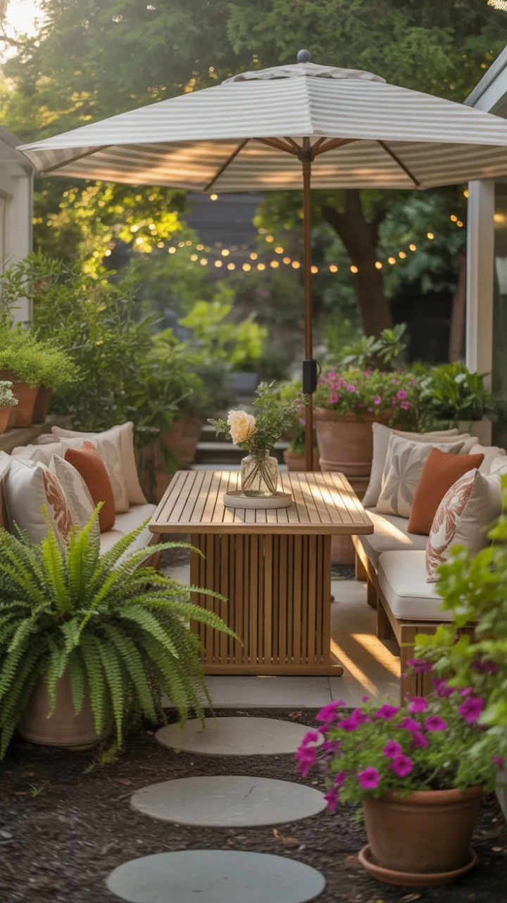 Golden Hour Patio Sanctuary with Teak Table, Lush Petunias, and Twinkling Lights