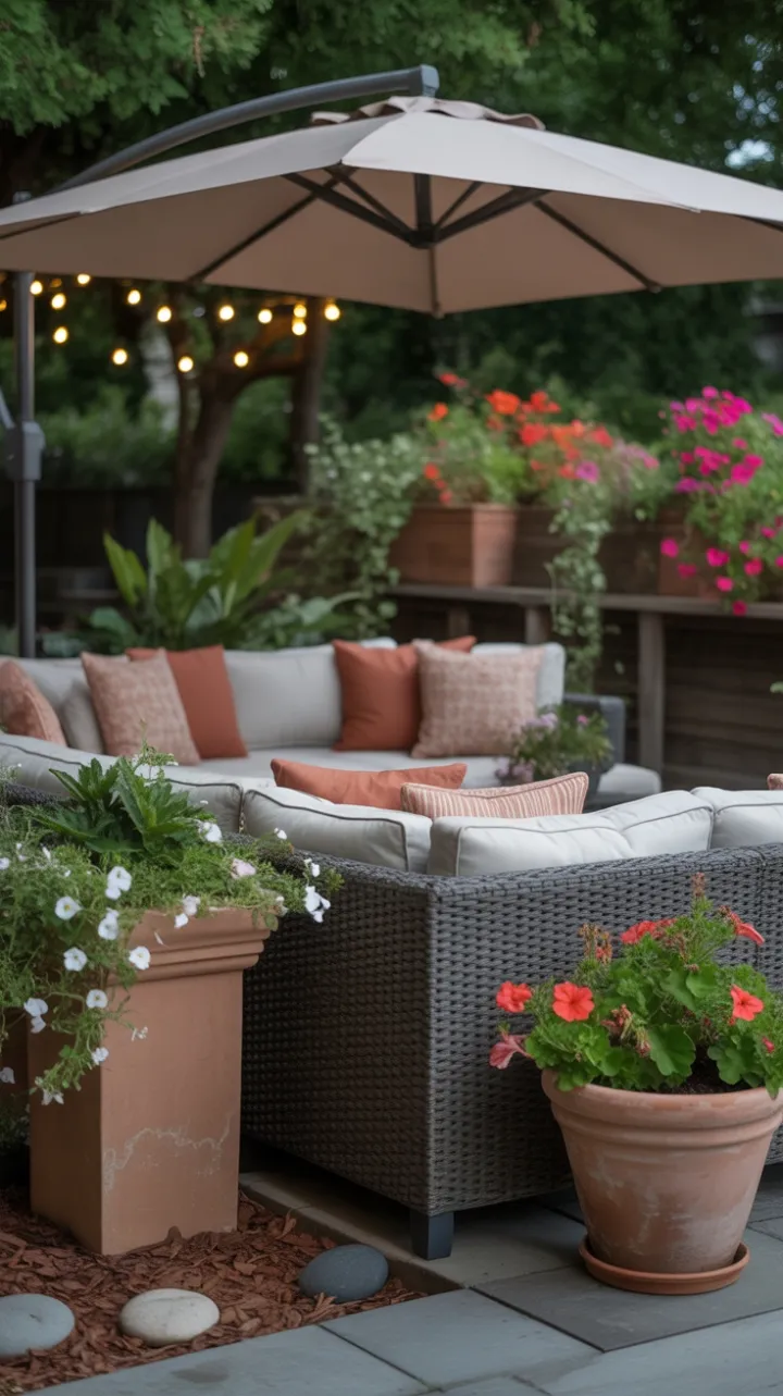 Cozy Dusk Patio with Terracotta Accents and String Lights