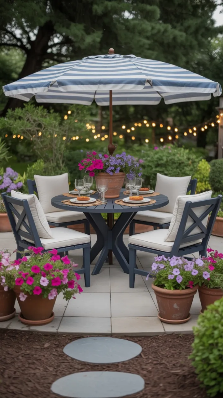 Cozy Garden Nook with Striped Umbrella, Plush Seating and Twinkling Lights