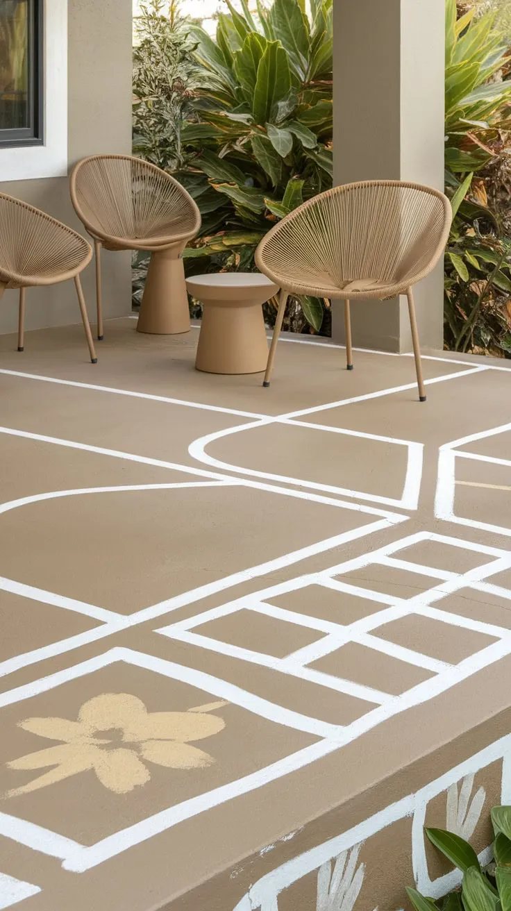 Stylish Beige Patio Oasis Surrounded by Lush Greenery