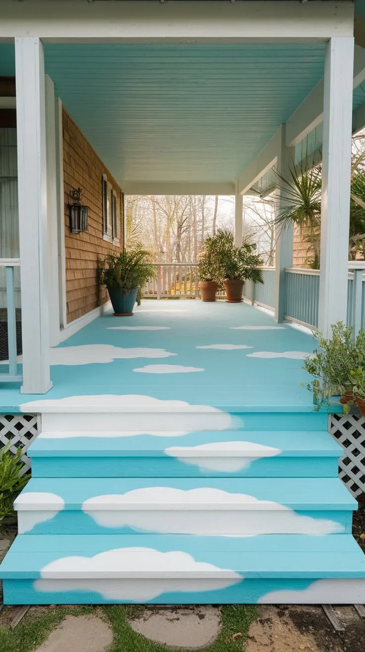 Charming Painted Concrete Porch with Sky-Cloud Design