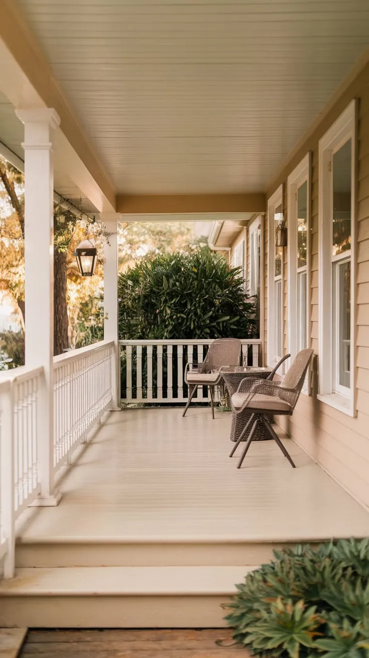 Cozy Painted Porch Oasis Surrounded by Greenery