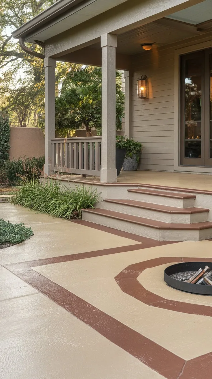 Vibrant Painted Concrete Porch with Cozy Fire Pit