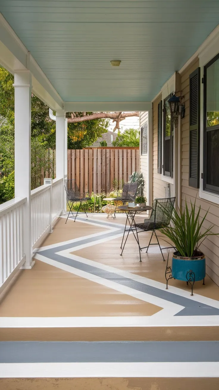 Charming Painted Concrete Porch with Cozy Seating