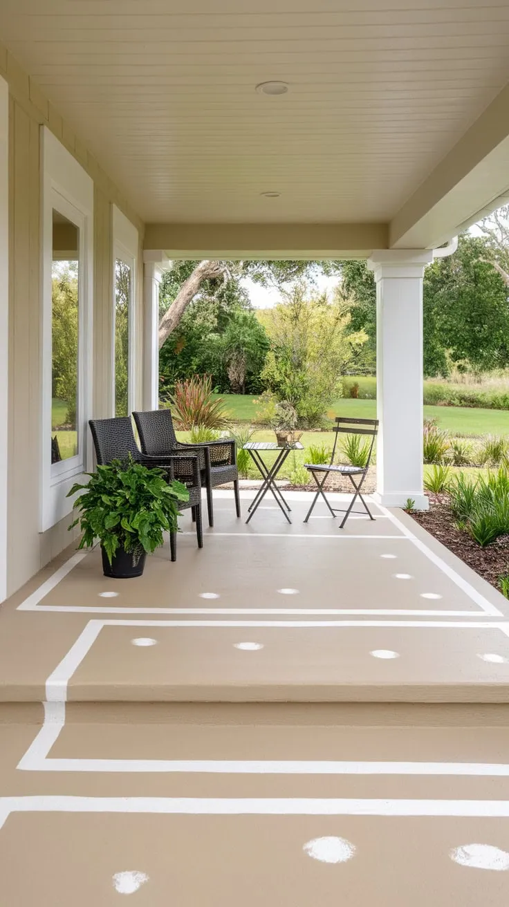 Charming Painted Concrete Porch with Lush Greenery