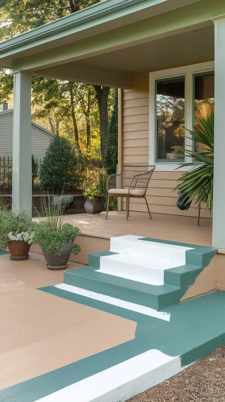 Charming Beige and Green Concrete Retreat with Cozy Seating