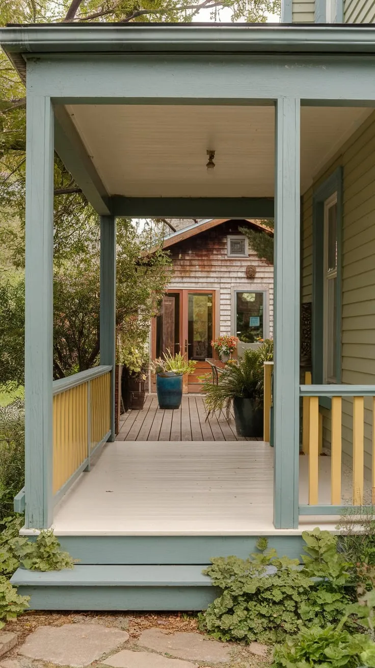 Charming Porch with Yellow Railing and Lush Greenery
