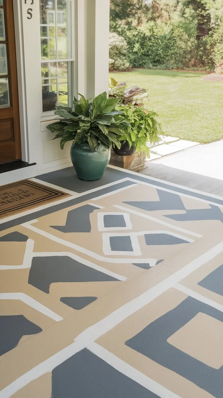 Chic Beige and Grey Painted Porch with Lush Garden Vibes