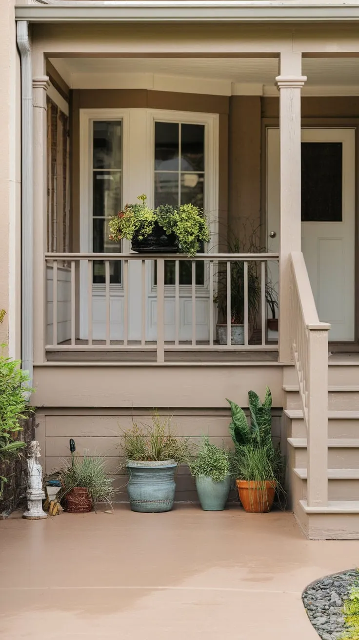 Stylish Concrete Porch with Potted Plants and a Welcoming Vibe