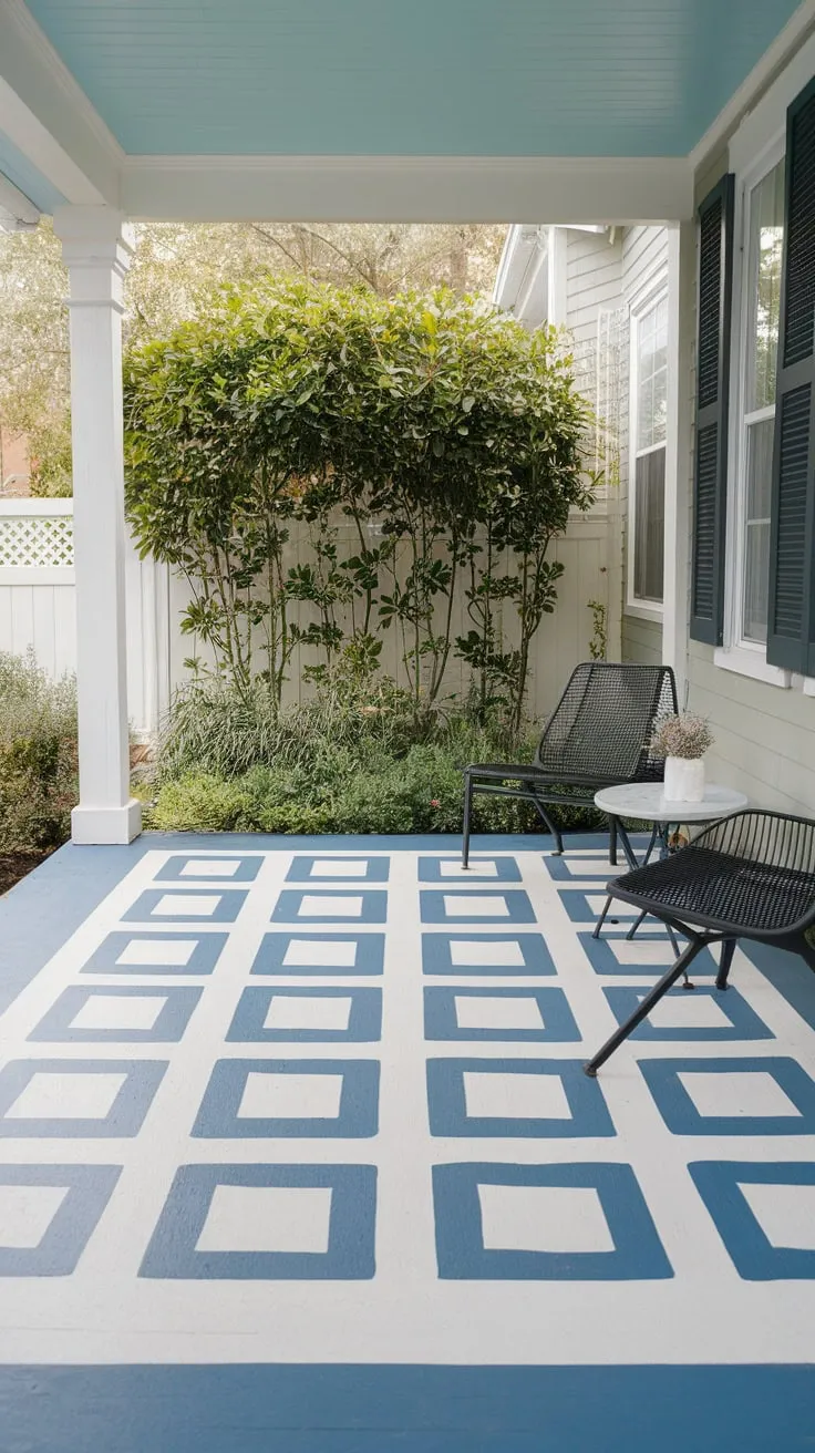 Charming Painted Porch with Bold Blue and White Squares