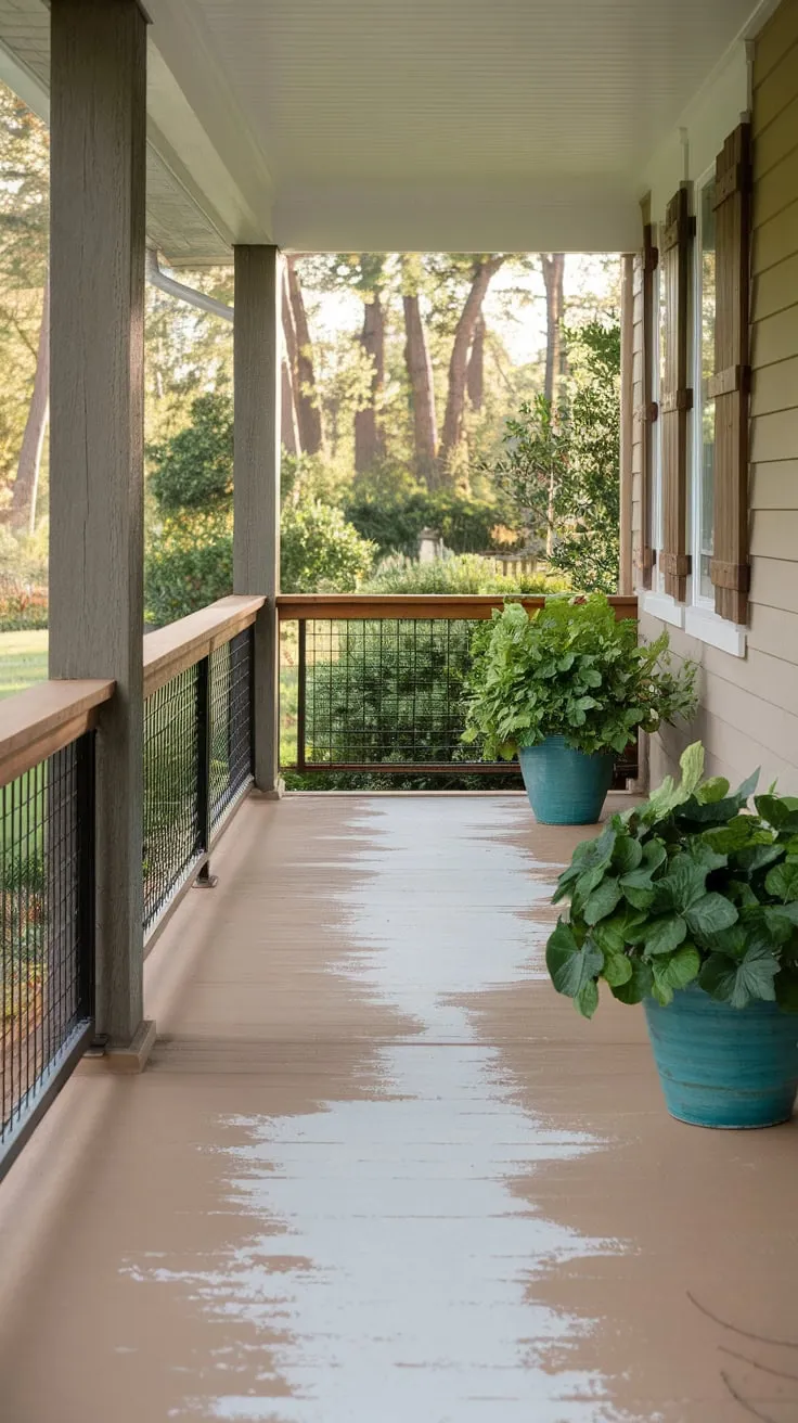 Charming Beige Concrete Porch with Lush Greenery