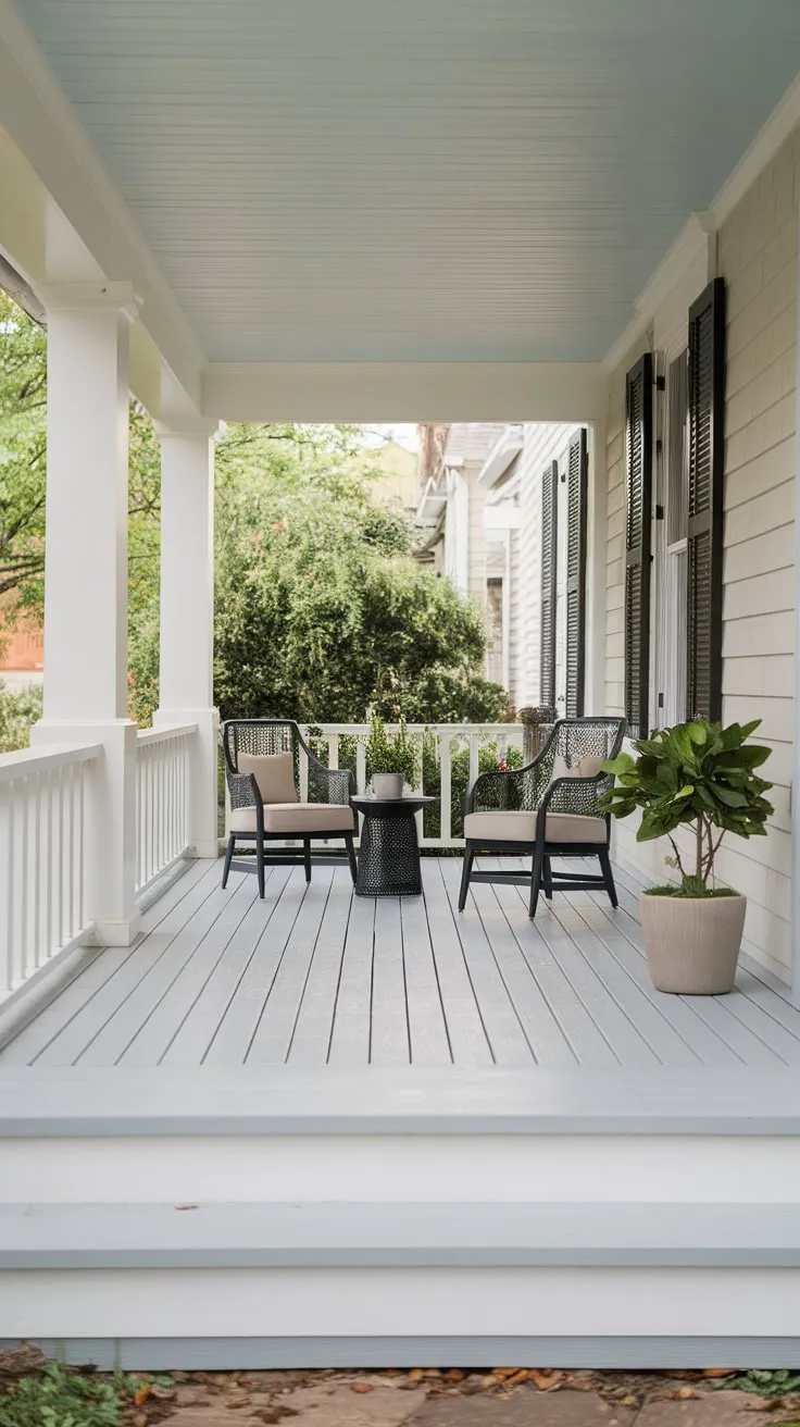 Stylish Front Porch Oasis with Potted Plant and Cozy Seating