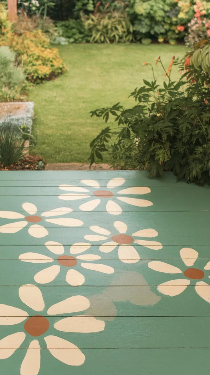 Vibrant Painted Porch with Lush Garden Backdrop