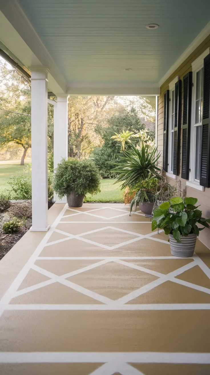 Charming Painted Concrete Porch with Lush Greenery