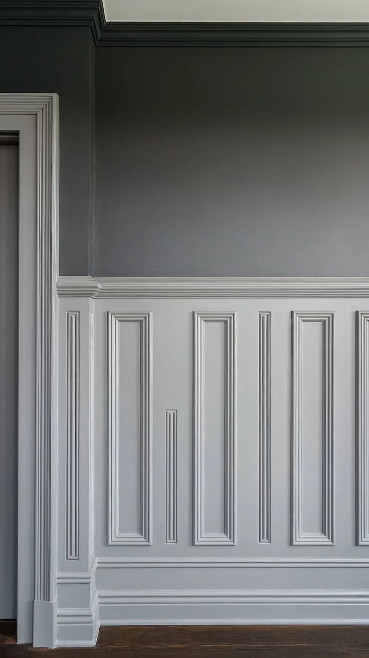 The perfect blend of light and shadow: This stunning space features a two-color wainscoting design, highlighting the impact of a wainscoting contrast color.  The textured, light gray painted wainscoting is a beautiful complement to the dark gray walls, offering inspiration for dark wainscoting ideas and showcasing the versatility of paint colors with wainscoting.  The monochrome painted walls and trim, with their trending trim colors, create a cohesive and stylish atmosphere.