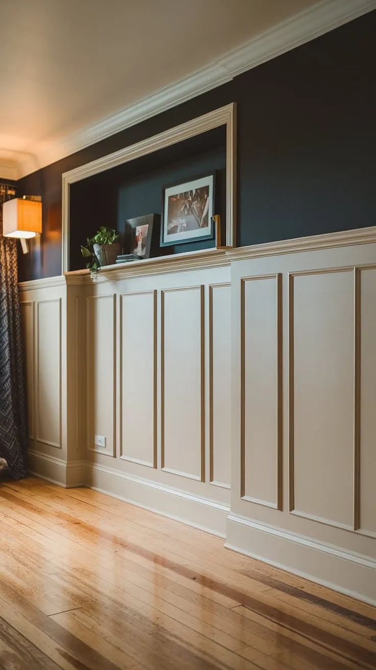 Warmth and sophistication meet in this space, where the creamy tone-on-tone wainscoting creates a beautiful contrast with the deep navy walls.  This two-color wainscoting showcases a stunning example of light wainscoting and dark walls, offering inspiration for your own wainscoting paint ideas. The monochrome painted walls and trim, accented by trending trim colors, complete the elegant look.