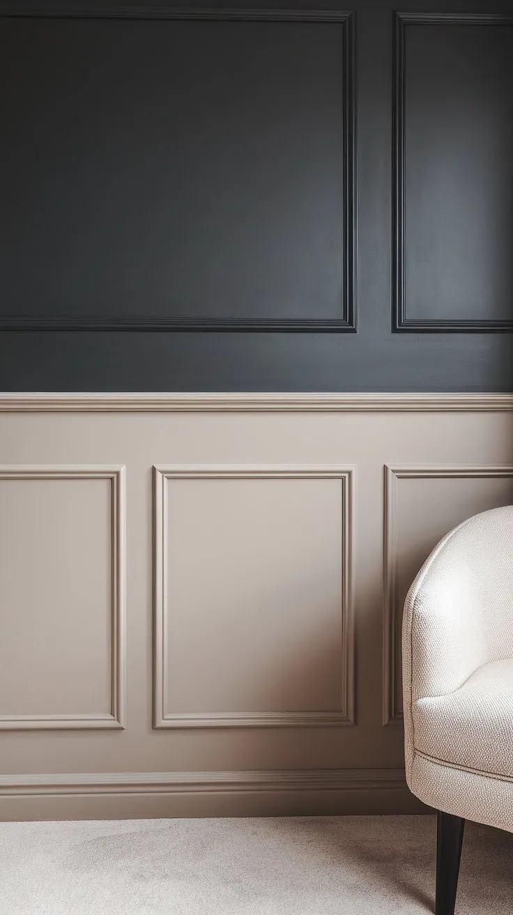 The subtle elegance of this room is all in the detail:  a stunning example of two-color wainscoting, where light beige meets dark charcoal gray. This monochrome painted walls and trim, featuring a tone on tone wainscoting, showcases the perfect wainscoting contrast color.  The painted wainscoting elevates the space, offering inspiration for your own wainscoting paint ideas, whether you're considering light wainscoting with dark walls or exploring dark wainscoting ideas.  These trending trim colors—light beige and dark charcoal gray—are a masterclass in sophisticated design.