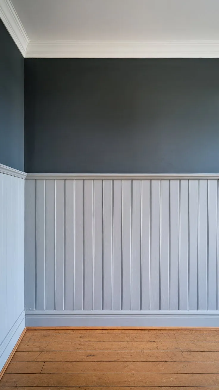 This room's sophisticated design is all about the details.  Note the striking effect of the painted wainscoting—a light grey that beautifully complements the deeper grey above. This two-color wainscoting is a perfect illustration of wainscoting contrast color and offers fresh inspiration for wainscoting paint ideas. The light wainscoting dark walls combination is a current favorite among trending trim colors, while the overall monochrome painted walls and trim scheme is both modern and timeless.  A study in tone on tone wainscoting and a showcase of dark wainscoting ideas and paint colors with wainscoting.