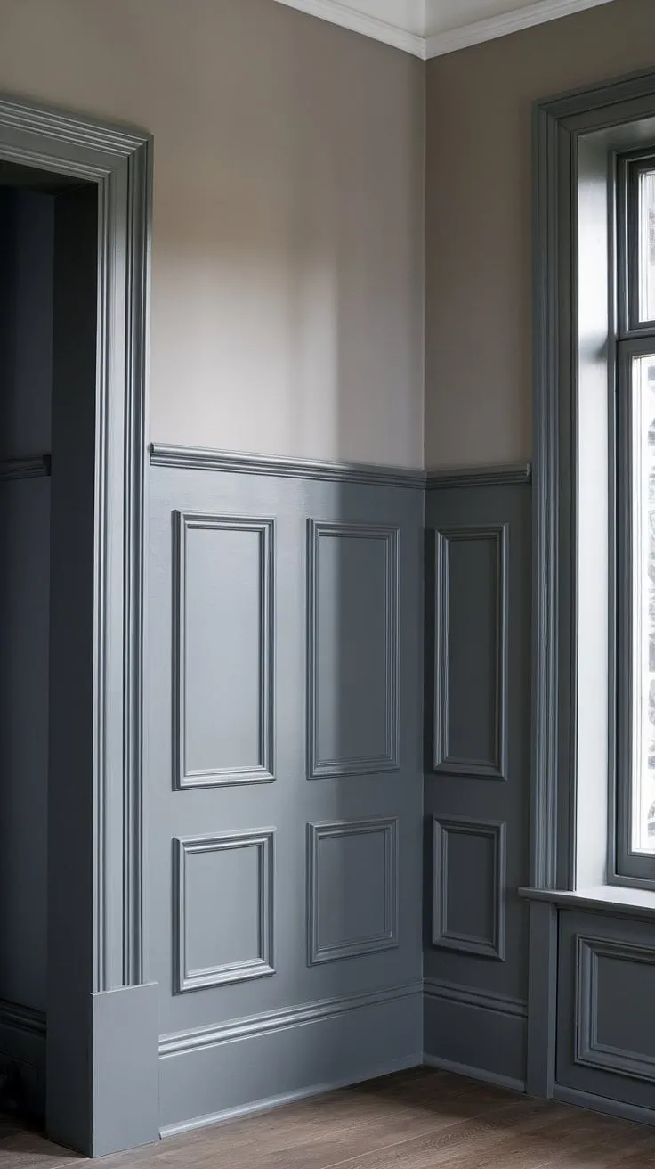 Subtle sophistication meets modern minimalism.  This room showcases the elegance of tone-on-tone wainscoting, a perfect example of wainscoting contrast color achieved with a two-color wainscoting approach. The light wainscoting against dark walls creates depth, offering inspiration for dark wainscoting ideas and paint colors with wainscoting.  Note the trending trim colors—crisp white against the monochrome painted walls and trim—completing this chic design.