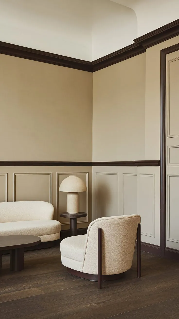 This room masterfully uses wainscoting contrast color to achieve a calming yet refined atmosphere. The dark brown trim and flooring beautifully offset the beige walls and the painted wainscoting, offering a fresh take on dark wainscoting ideas.  The choice of paint colors with wainscoting is impeccable, demonstrating how a simple yet effective use of tone-on-tone wainscoting can transform a space.  The result is a sophisticated and timeless design that showcases the best of trending trim colors.