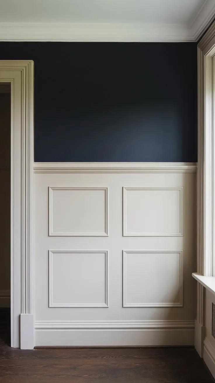 This captivating space masterfully uses wainscoting contrast color to create visual interest. The painted wainscoting, a light beige, is a beautiful example of dark wainscoting ideas (in reverse!), offering a warm counterpoint to the dramatic navy blue walls.  The monochrome painted walls and trim, in crisp white, highlight the wainscoting and showcase paint colors with wainscoting beautifully.  This two-color wainscoting design is a testament to the power of simple yet effective design choices.