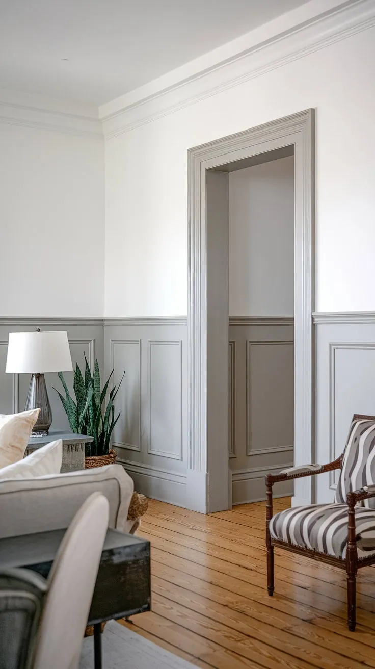 This room's design is a masterclass in understated sophistication.  The monochrome painted walls and trim provide a clean canvas, beautifully accented by the painted wainscoting. The choice of a light gray for the wainscoting offers a subtle yet impactful wainscoting contrast color, demonstrating clever wainscoting paint ideas.  This tone-on-tone wainscoting, a perfect example of two-color wainscoting, avoids the drama of dark wainscoting ideas while still adding architectural interest. The result is a space that feels both modern and timeless, showcasing the best of trending trim colors.