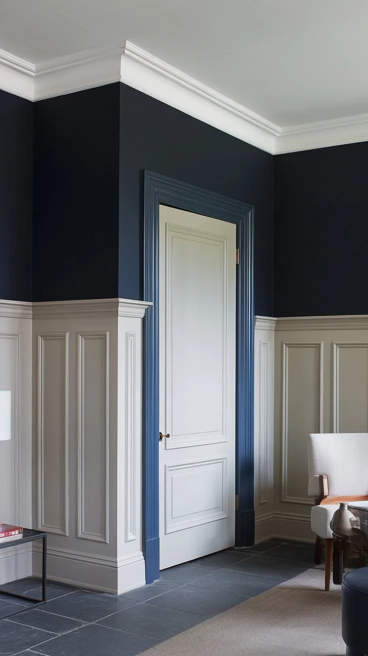 The subtle elegance of this space is achieved through the masterful use of color.  The light beige painted wainscoting provides a stunning contrast to the deep navy blue walls, creating a monochrome painted walls and trim effect that's both modern and timeless. This tone on tone wainscoting, a perfect example of two color wainscoting, offers endless wainscoting paint ideas.  The light wainscoting dark walls combination is a testament to the power of simple yet striking design, showcasing trending trim colors in a sophisticated way.