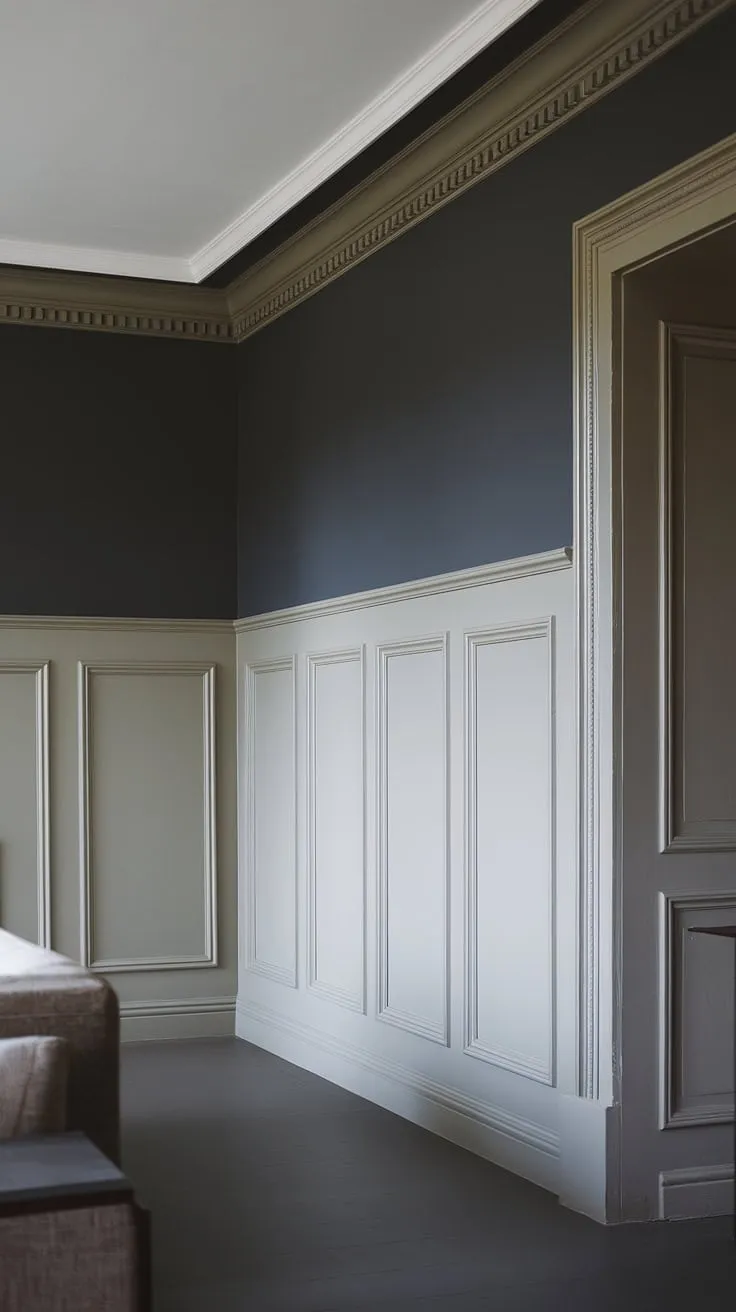Dark wainscoting ideas meet modern sophistication in this room.  The painted wainscoting, a study in shades of gray, is beautifully offset by the darker walls.  The wainscoting contrast color, a lighter gray, adds depth and dimension. This is a prime example of paint colors with wainscoting that work together seamlessly, proving that monochrome painted walls and trim can be anything but boring.